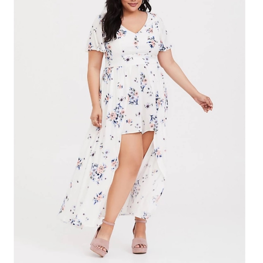 Torrid White Floral Challis Walk Through Romper Maxi Dress